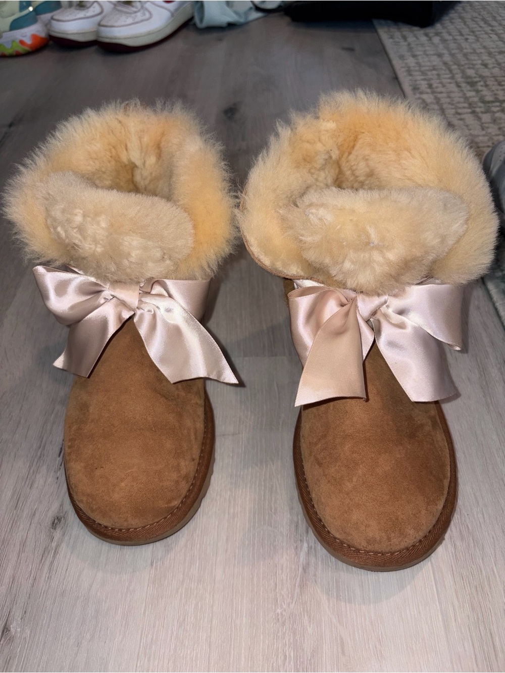 UGG Chestnut Suede Shearling Booties with Satin Bow